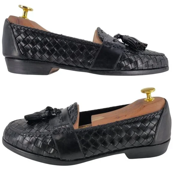 Vintage Bragano Cole Haan Italy Black Woven Leather Tassel Loafer Dress Shoes 8M - Picture 4 of 11